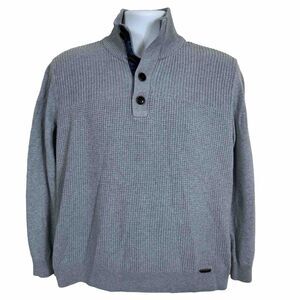 Mexx Men's Sweater Medium Gray Knitted 100% Cotton Mock Neck Long Sleeve Buttons